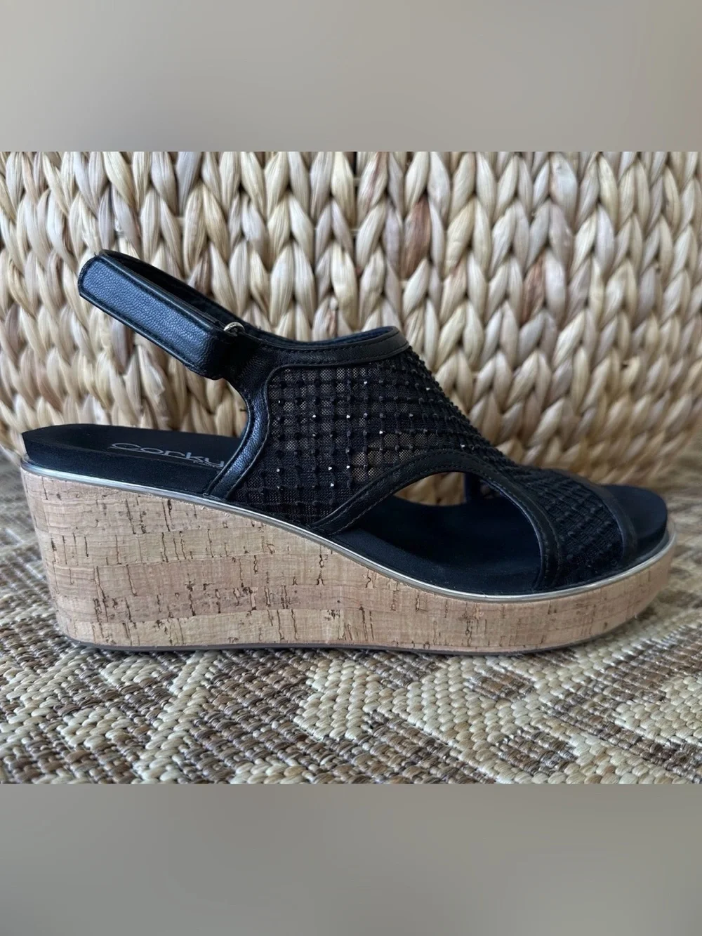CORKYS Carley Black Sparkle Mesh Wedge Platform Sandals Sz 9 Hard to Find